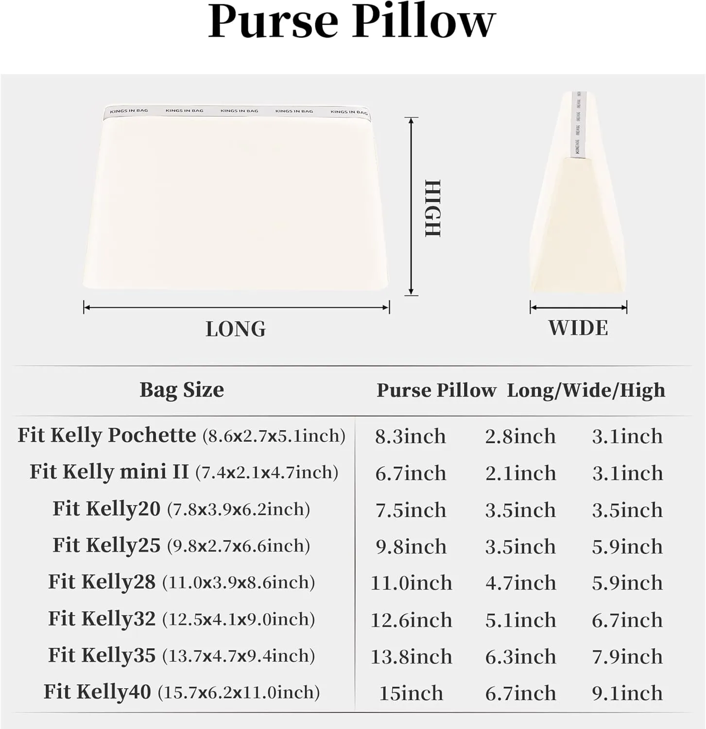 Purse Pillow Insert Compatible with Kelly Bags, Handbag Filler with Soft Satins for Luxury Bags, Soft Purse Inner Pillow with Memory Foam for Handbag Storage (Craie, KE 28 Sellier)