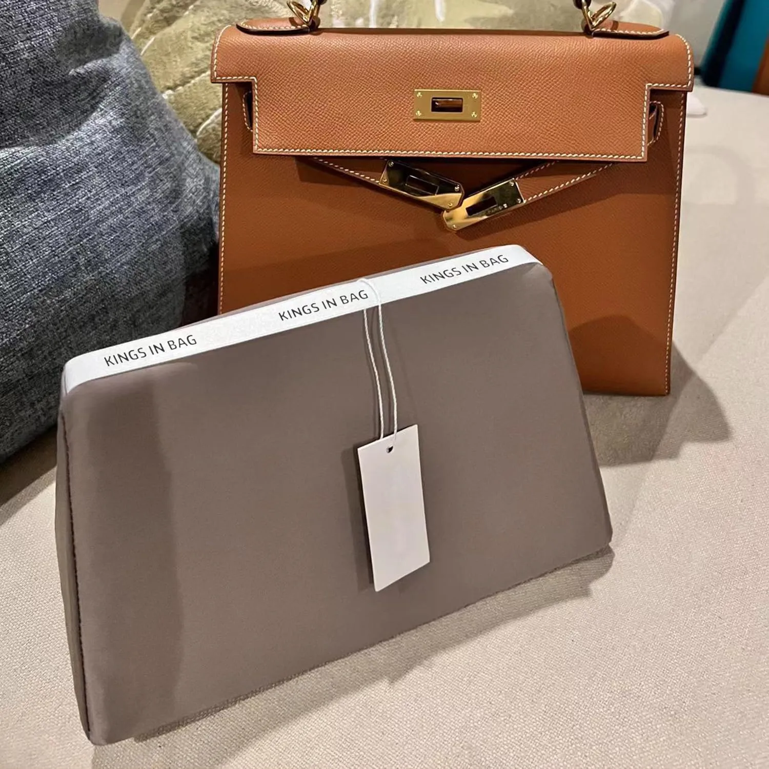Purse Pillow Insert Compatible with Kelly Bags, Handbag Filler with Soft Satins for Luxury Bags, Soft Purse Inner Pillow with Memory Foam for Handbag Storage (Etoupe Grey, KE 28 Retourné)