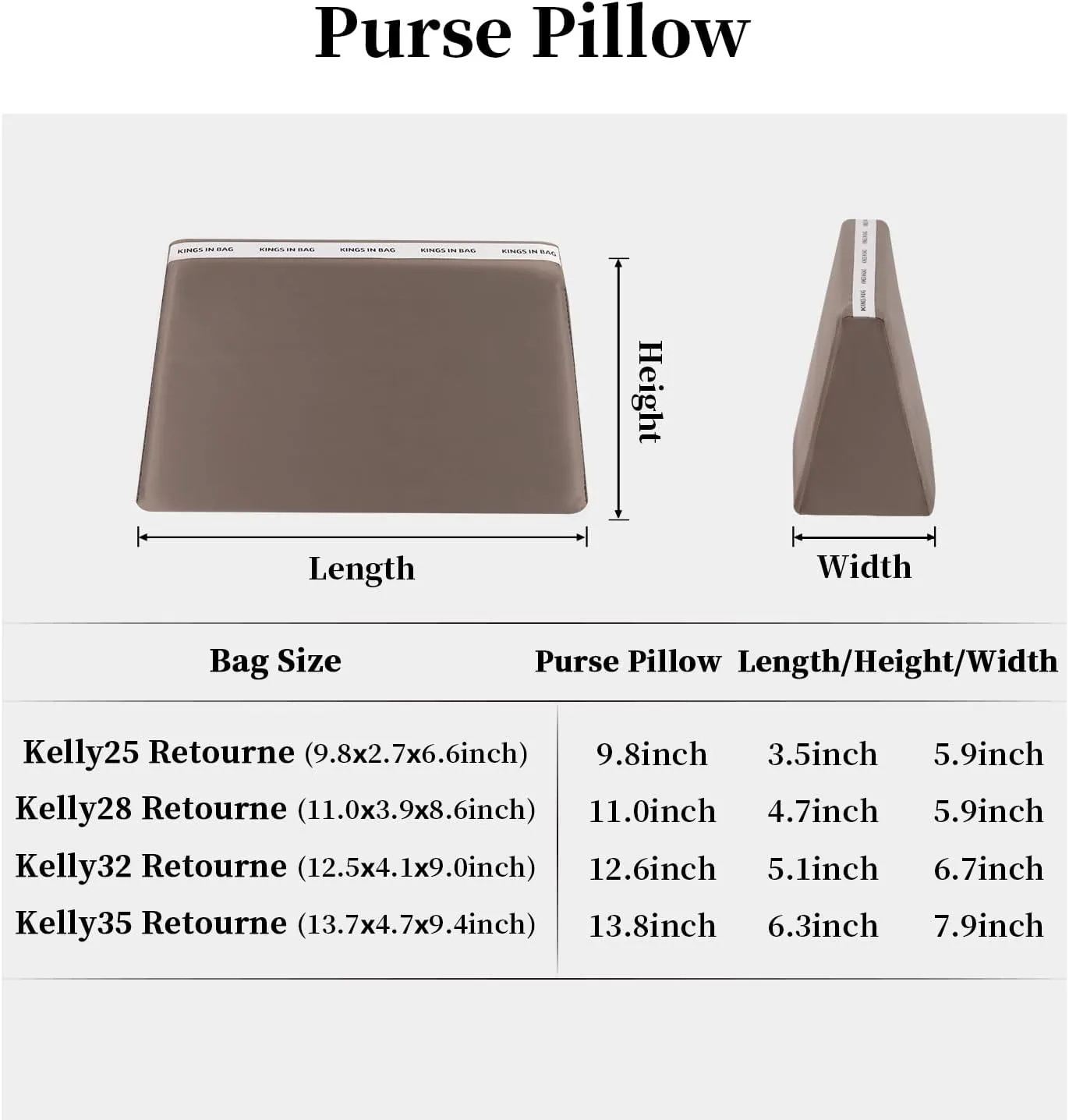 Purse Pillow Insert Compatible with Kelly Bags, Handbag Filler with Soft Satins for Luxury Bags, Soft Purse Inner Pillow with Memory Foam for Handbag Storage (Etoupe Grey, KE 28 Retourné)