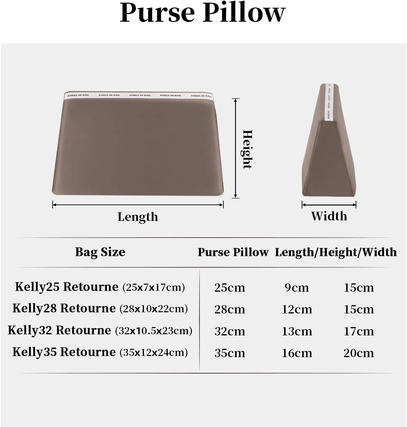 Purse Pillow Insert Compatible with Kelly Bags, Handbag Filler with Soft Satins for Luxury Bags, Soft Purse Inner Pillow with Memory Foam for Handbag Storage (Etoupe Grey, KE 28 Retourné)