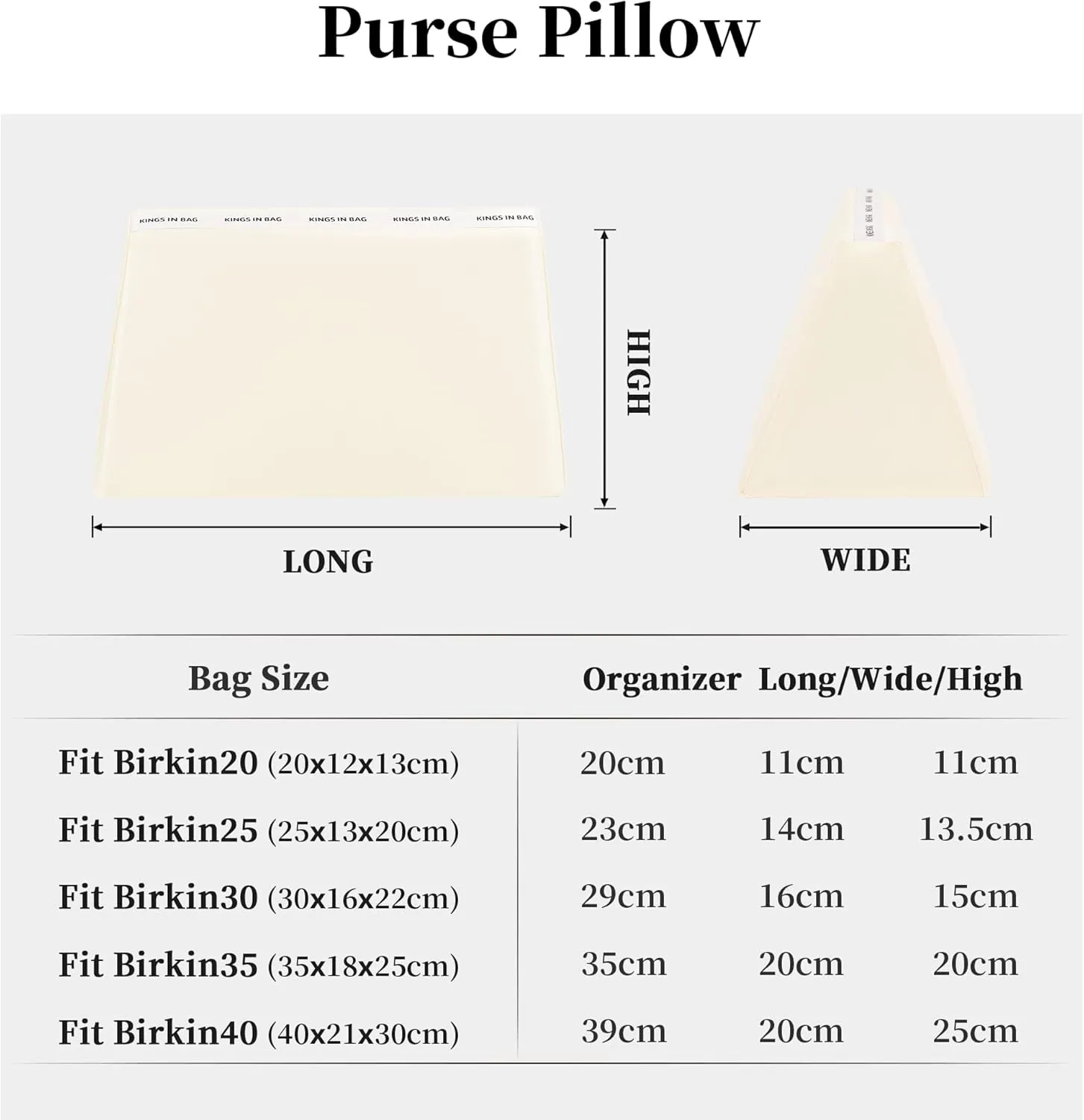 Purse Pillow Inserts for Birkin 25 Bag, Purse Organizer Insert Pillow Compatible with Hermes Birkin Bag, Lightweight Memory Foam Pillows with Soft Satin (Craie, BK25)