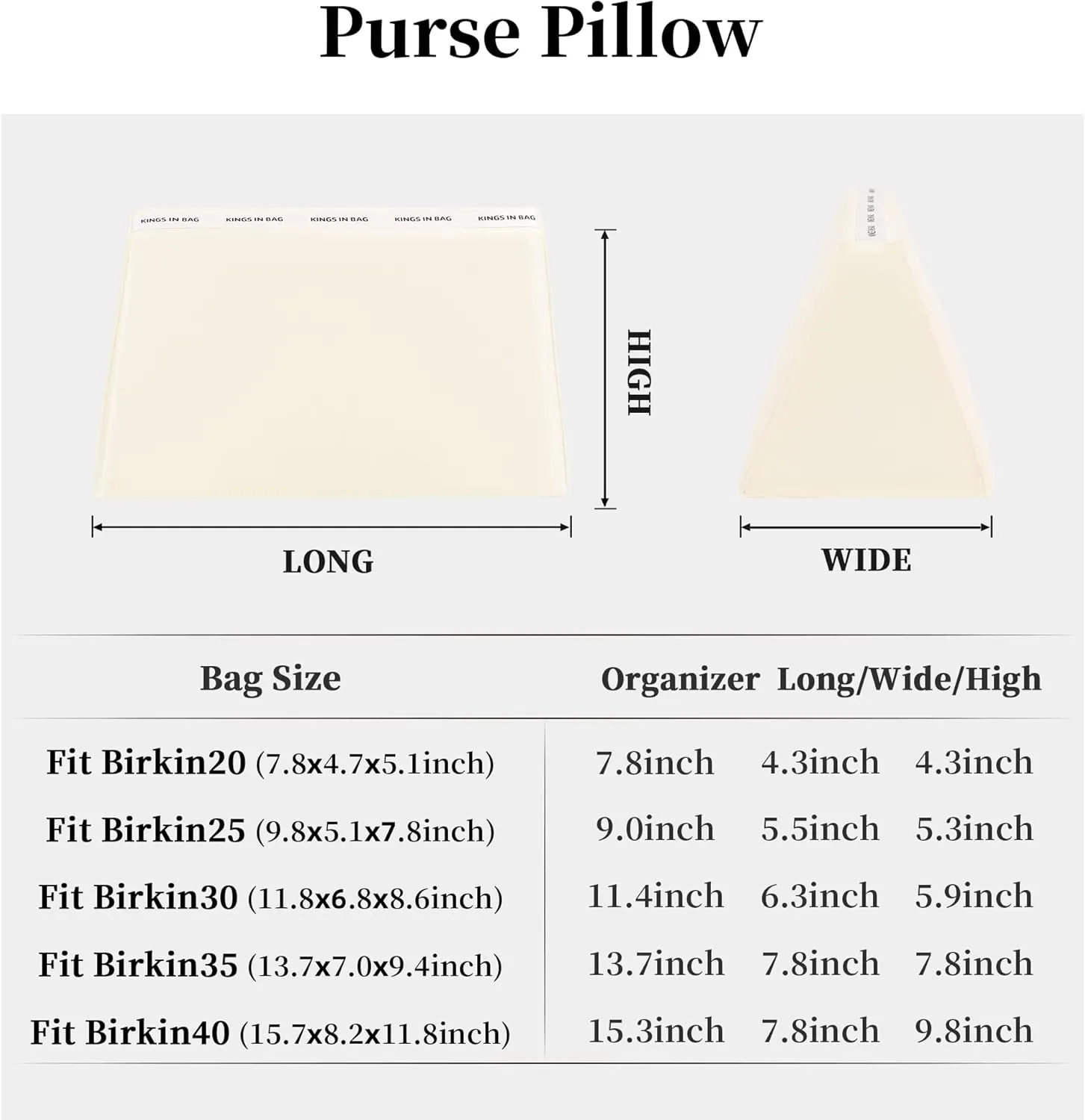 Purse Pillow Inserts for Birkin 25 Bag, Purse Organizer Insert Pillow Compatible with Hermes Birkin Bag, Lightweight Memory Foam Pillows with Soft Satin (Craie, BK25)