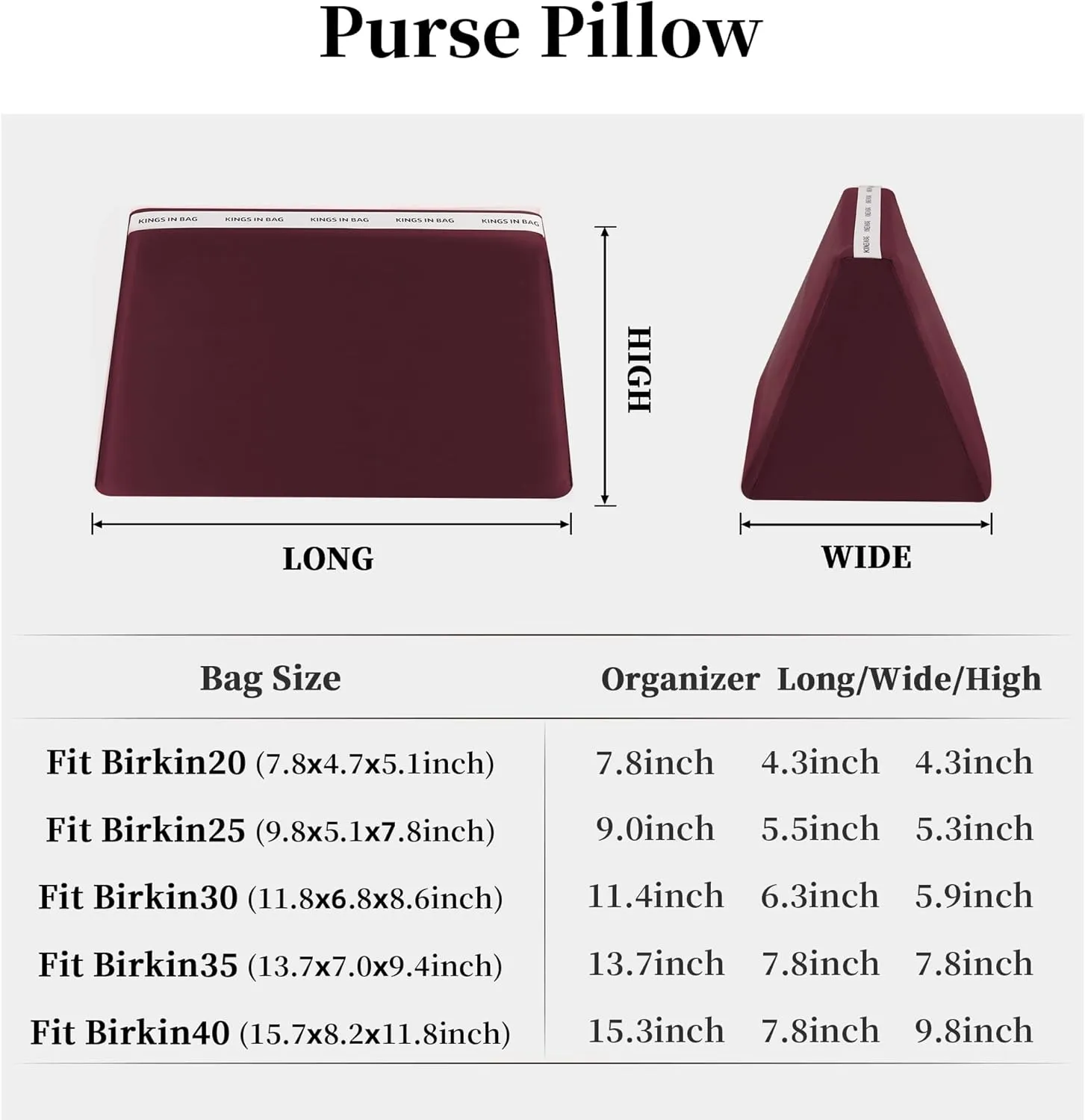 Purse Pillow Inserts for Birkin 30 Bag, Purse Organizer Insert Pillow Compatible with Hermes Birkin Bag, Lightweight Memory Foam Pillows with Soft Satin (Rouge H, BK30)