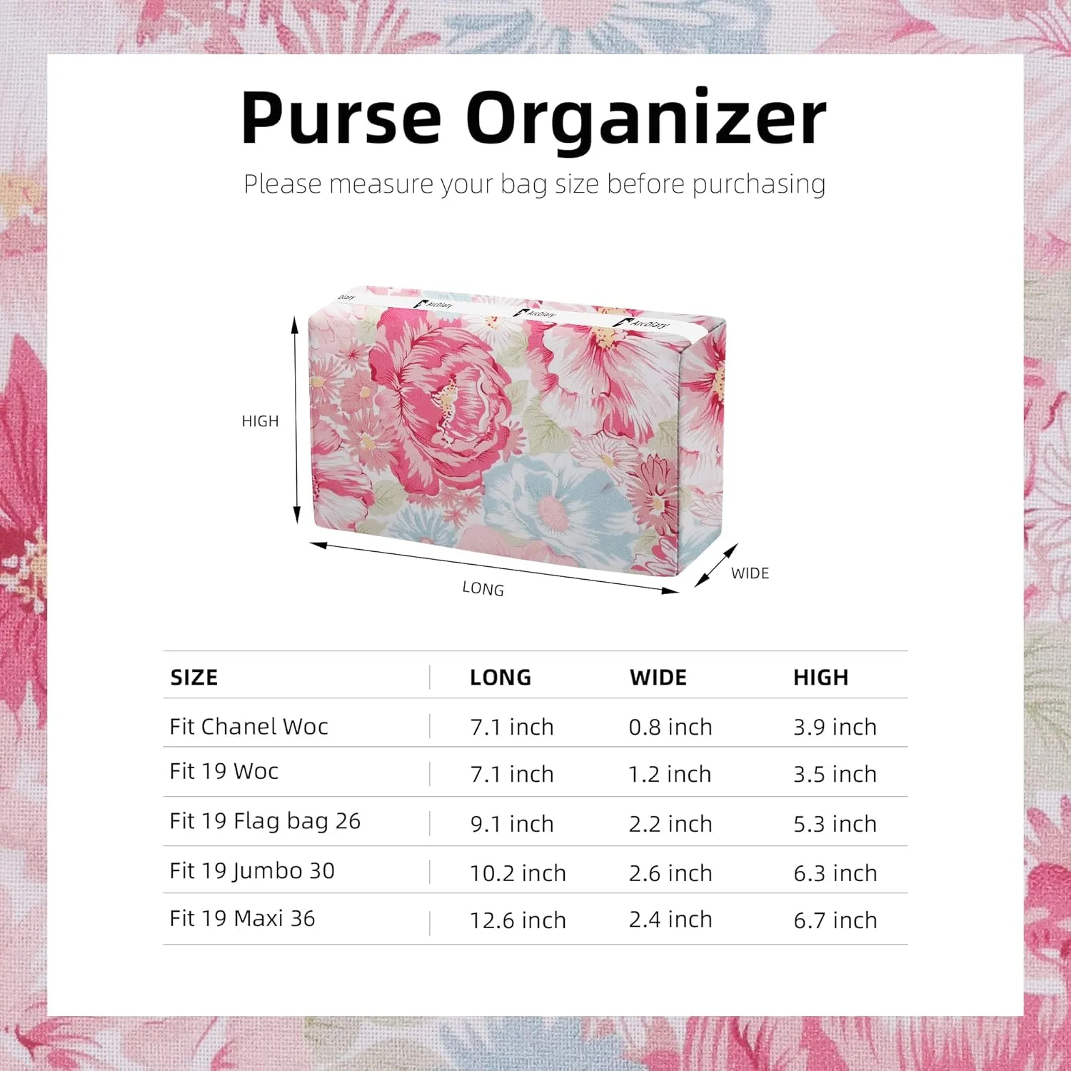 Purse Pillow Shaper Insert Fits Chanel 19 Bags, Memory Foam Bag Pillow, Luxury Handbag Tote Shaper, Keep bag in Shape(Flap 26,Blooming)