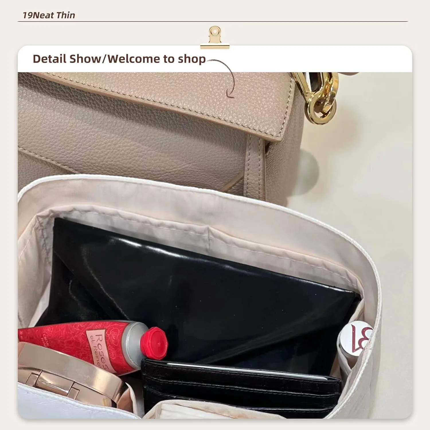 Puzzle Bag Organizer Insert, Lightweight Portable Purse Inner Compatible with Loewe Puzzle Mini Bag, Made of Waterproof Dupontpaper Surface and Silky Satin Lining (Puzzle Mini, Craie)