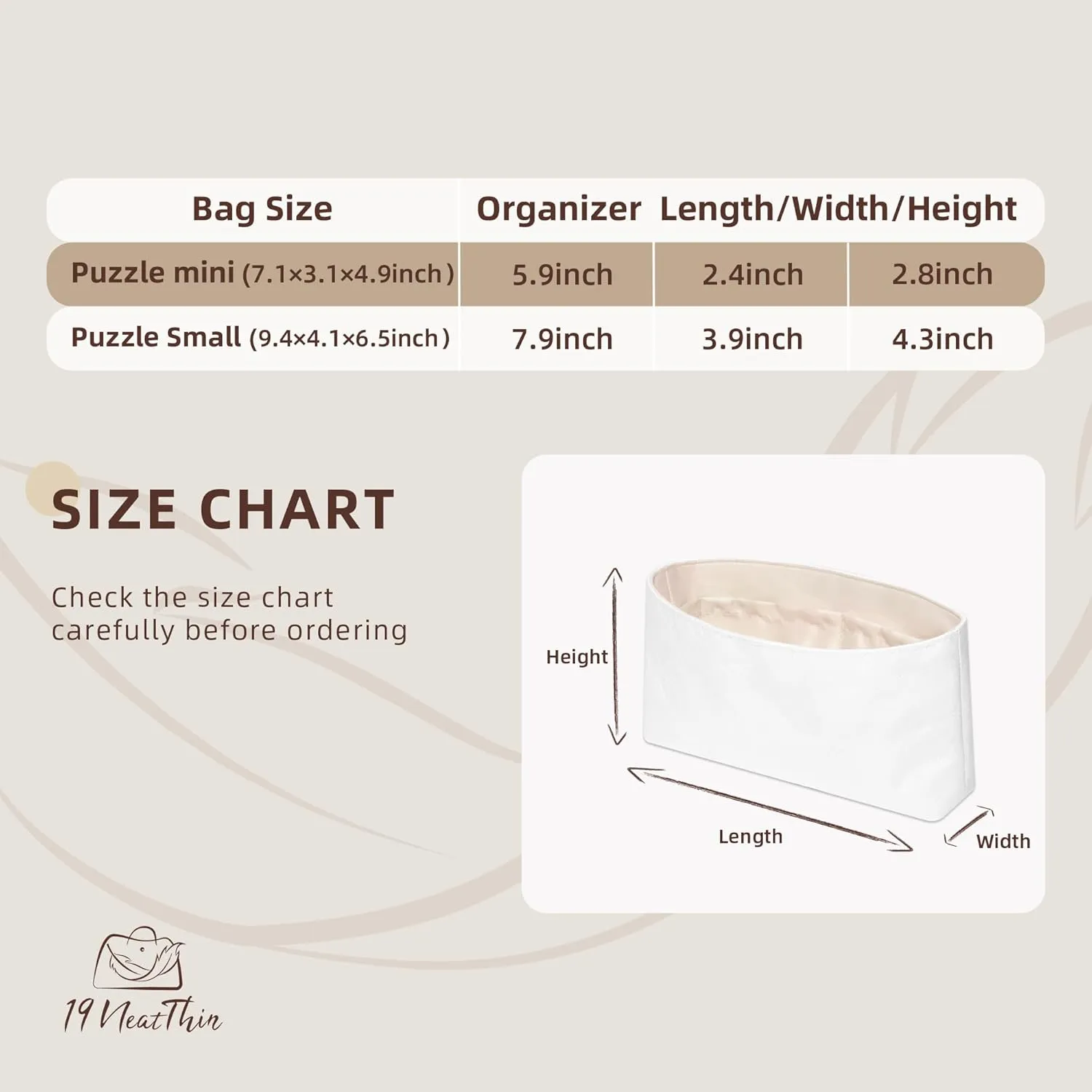 Puzzle Bag Organizer Insert, Lightweight Portable Purse Inner Compatible with Loewe Puzzle Mini Bag, Made of Waterproof Dupontpaper Surface and Silky Satin Lining (Puzzle Mini, Craie)