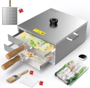 PYY Rice Noodle Roll Steamer Machine - 2 Layers 3 Trays Chinese Cantonese Cheung Fun Changfen Maker for Commercial and Home Use with Extra Stainless Steel Holed Steam Tray and Long Wooden Handle
