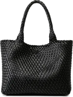 Queenoris Woven Bag for Women, Fashion Top Handle Shoulder Bag Vegan Leather Shopper Bag Large Travel Tote Bag