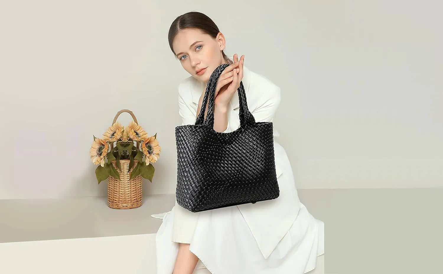 Queenoris Woven Bag for Women, Fashion Top Handle Shoulder Bag Vegan Leather Shopper Bag Large Travel Tote Bag