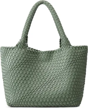 Queenoris Woven Bag for Women, Fashion Top Handle Shoulder Bag Vegan Leather Shopper Bag Large Travel Tote Bag