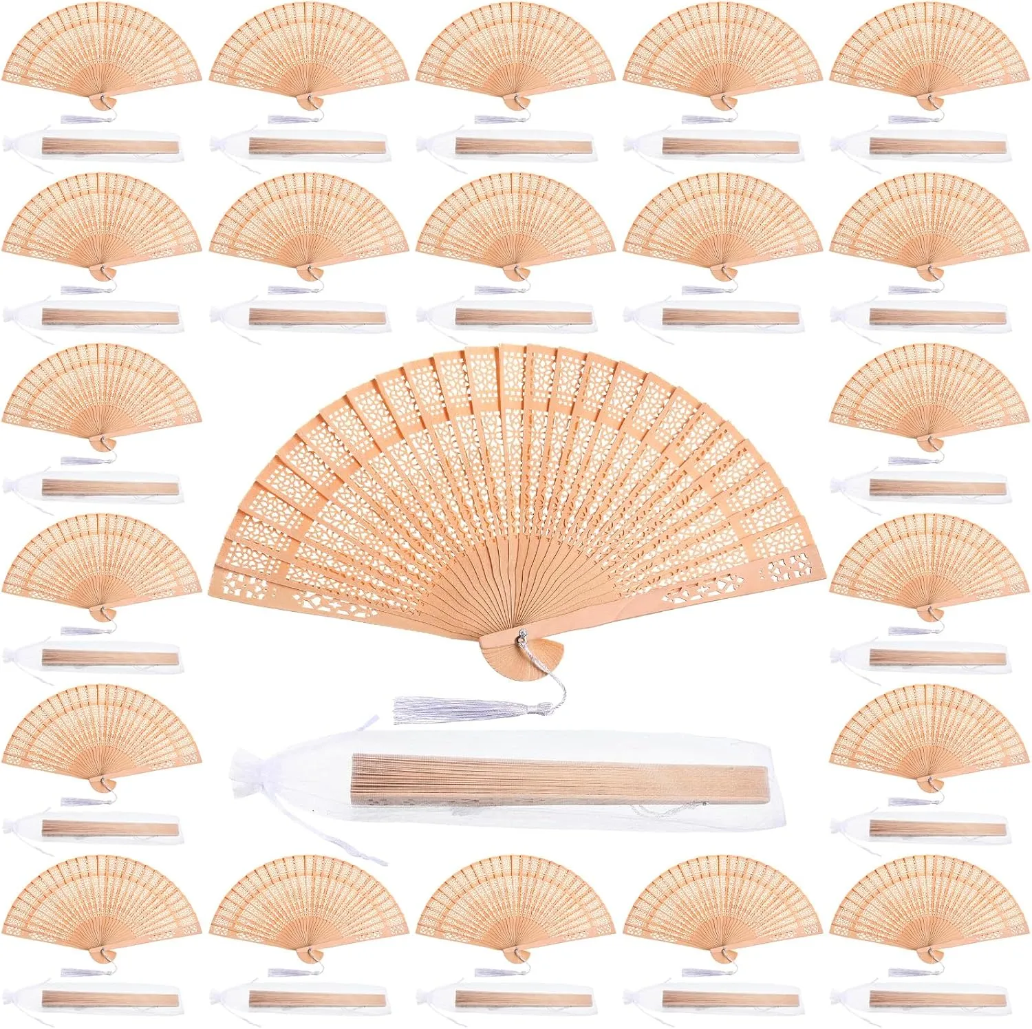Qunclay 60Pcs Wooden Hand Fans Folding Wedding Fans for Guest Chinese Hollow Pattern with White Tassel and Gift Bag for Wedding Bridal Shower Birthday Party Favors Gift and Home Decor(Simple Style)