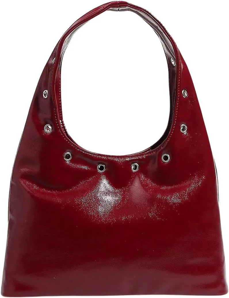 QWINEE Women's Punk Top Handle Shoulder Bag Grommet Eyelet Leather Tote Bag Retro Hobo Underarm Bag