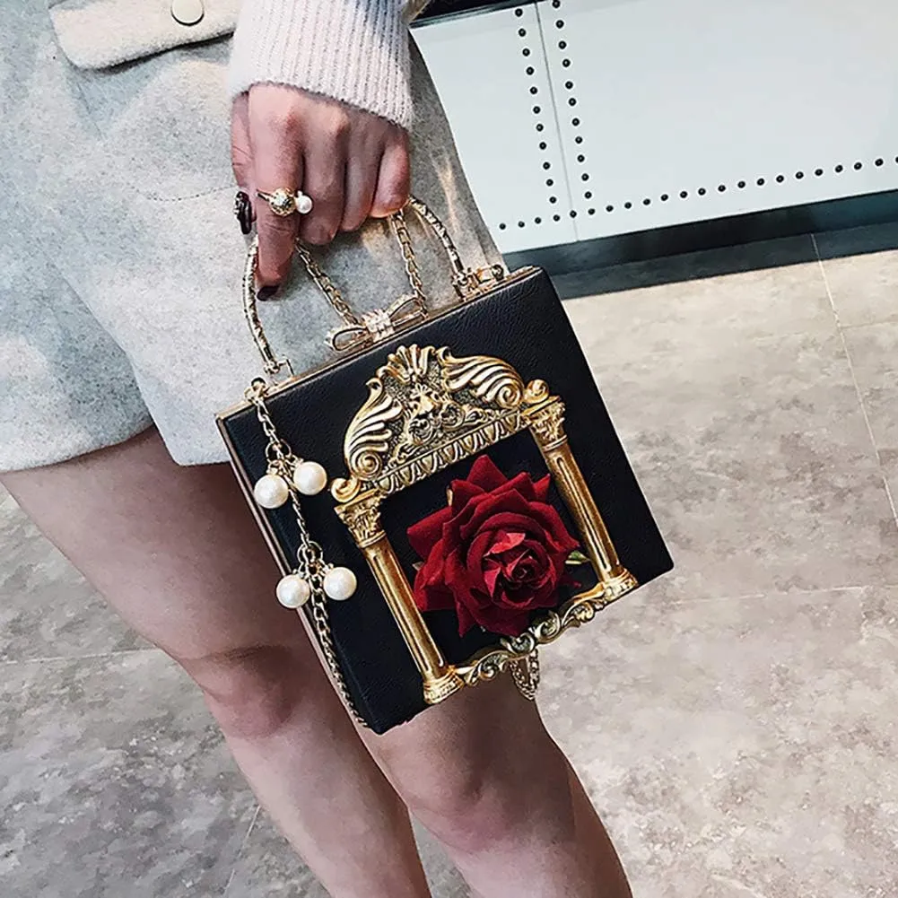 QZUnique Women Love Angel Floral Evening Bag Rose Embossed Formal Purse Clutch Black Gold Crossbody Pearl Chain Shoulder Bag