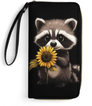 Racoon Wallet for Women Purse Sunflower Wristlet Wallets Handbags Leather Long Clutch Bag Travel Storage Pouch Phone Purse Cute Money Bag Lanyard Wallets Black