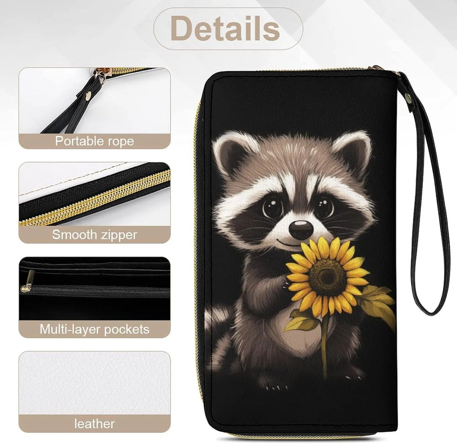 Racoon Wallet for Women Purse Sunflower Wristlet Wallets Handbags Leather Long Clutch Bag Travel Storage Pouch Phone Purse Cute Money Bag Lanyard Wallets Black