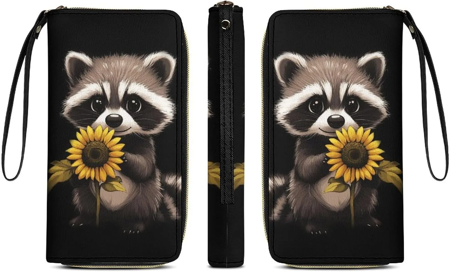 Racoon Wallet for Women Purse Sunflower Wristlet Wallets Handbags Leather Long Clutch Bag Travel Storage Pouch Phone Purse Cute Money Bag Lanyard Wallets Black