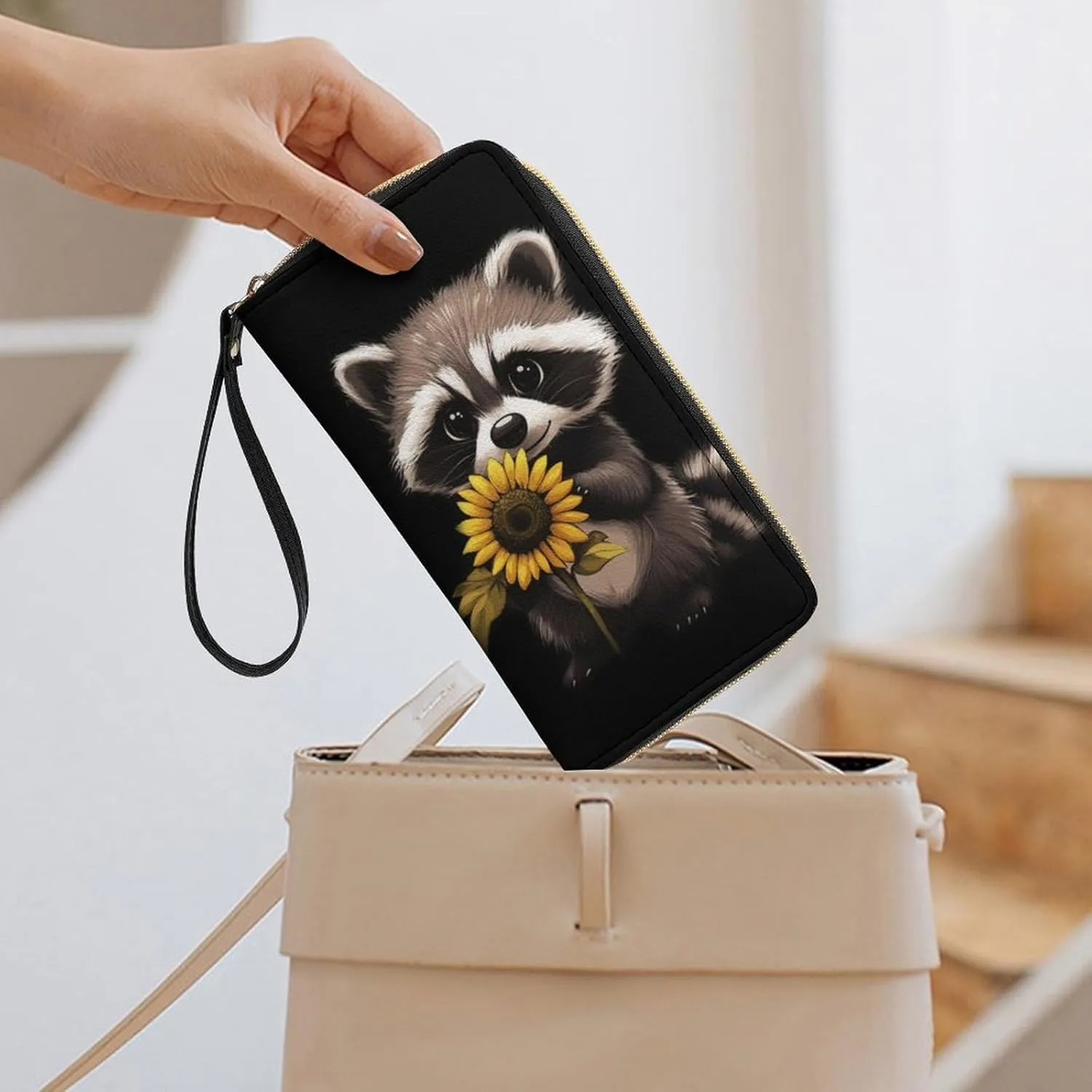 Racoon Wallet for Women Purse Sunflower Wristlet Wallets Handbags Leather Long Clutch Bag Travel Storage Pouch Phone Purse Cute Money Bag Lanyard Wallets Black