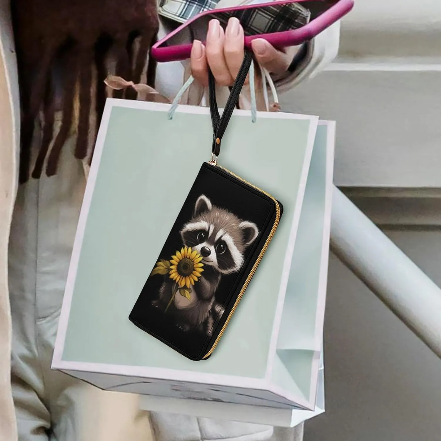 Racoon Wallet for Women Purse Sunflower Wristlet Wallets Handbags Leather Long Clutch Bag Travel Storage Pouch Phone Purse Cute Money Bag Lanyard Wallets Black