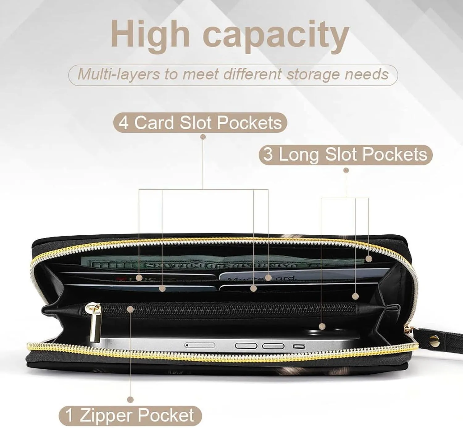 Racoon Wallet for Women Purse Sunflower Wristlet Wallets Handbags Leather Long Clutch Bag Travel Storage Pouch Phone Purse Cute Money Bag Lanyard Wallets Black