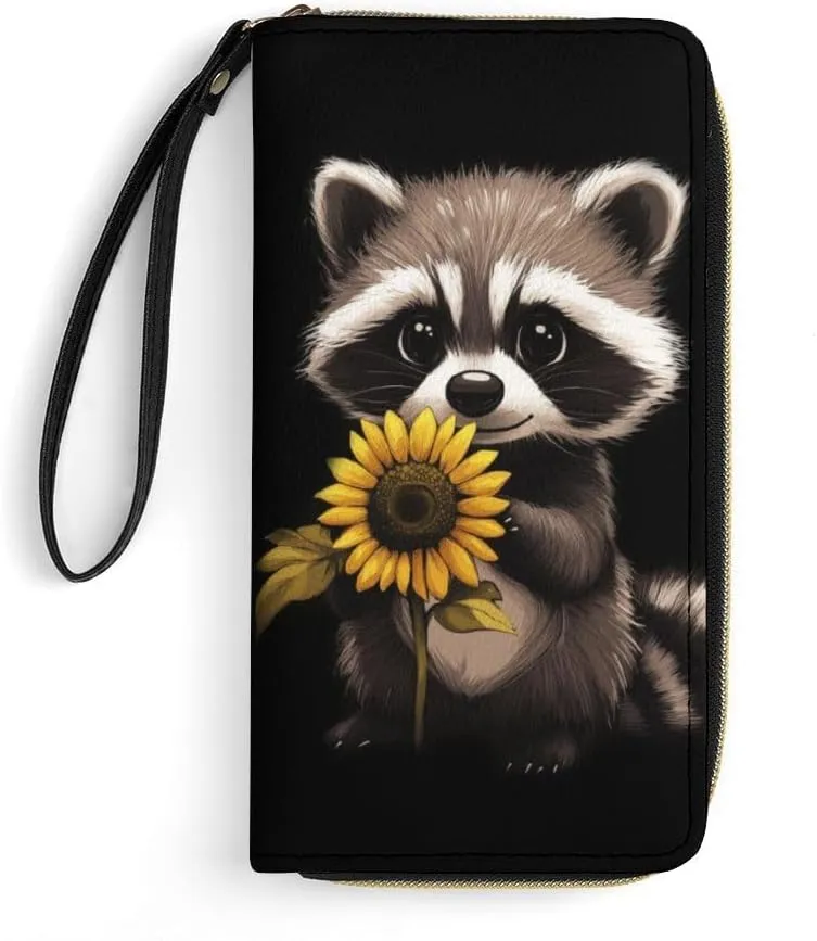 Racoon Wallet for Women Purse Sunflower Wristlet Wallets Handbags Leather Long Clutch Bag Travel Storage Pouch Phone Purse Cute Money Bag Lanyard Wallets Black