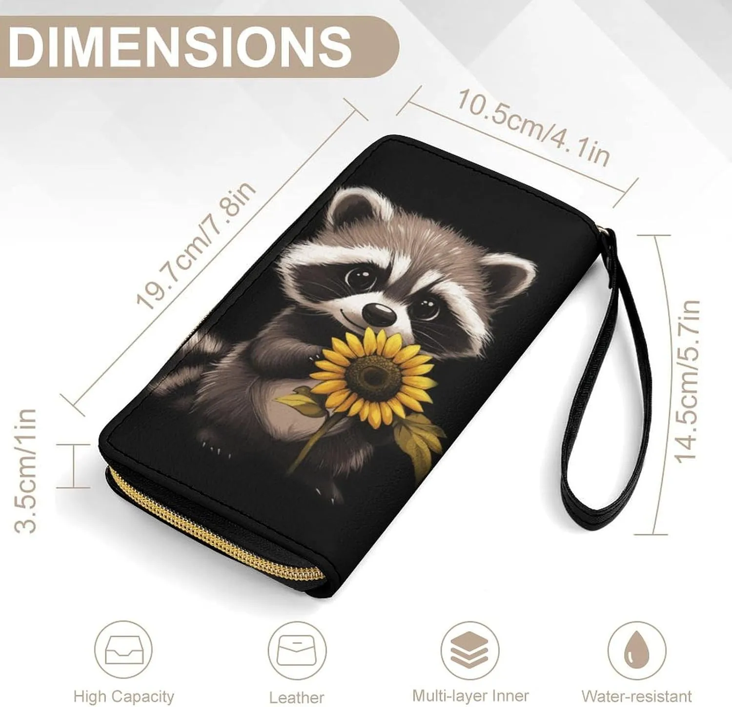 Racoon Wallet for Women Purse Sunflower Wristlet Wallets Handbags Leather Long Clutch Bag Travel Storage Pouch Phone Purse Cute Money Bag Lanyard Wallets Black