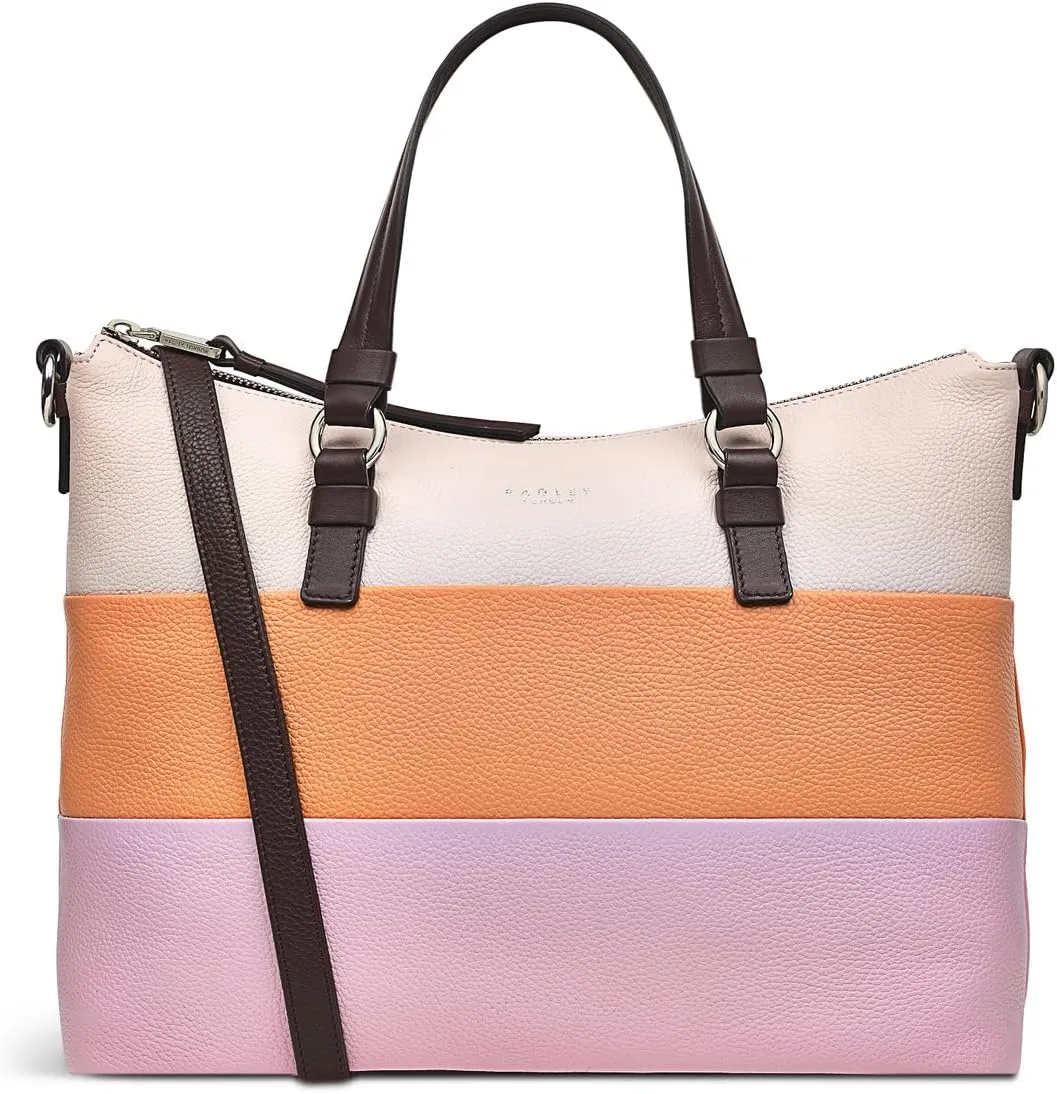 RADLEY London Lyme Terrace Stripe Women's Medium Leather Ziptop Satchel Bag, Clay Pink
