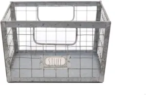Rae Dunn Wire Storage Basket – Galvanized Steel and Solid Wood Organizer – Decorative Folder Bin with Two Handles and Label Slot - for Office, Bedroom, Living Room, Closet and More