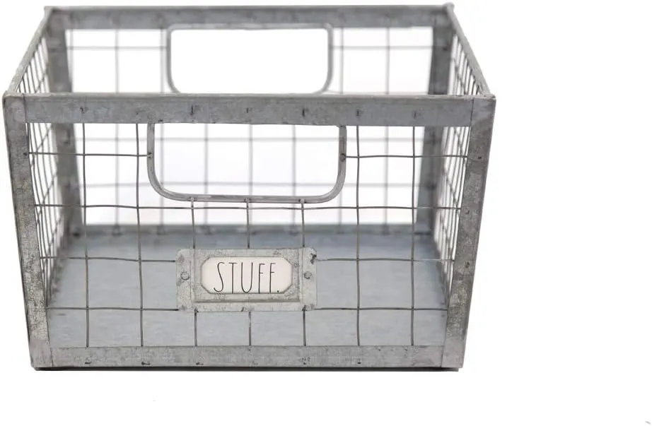 Rae Dunn Wire Storage Basket – Galvanized Steel and Solid Wood Organizer – Decorative Folder Bin with Two Handles and Label Slot - for Office, Bedroom, Living Room, Closet and More