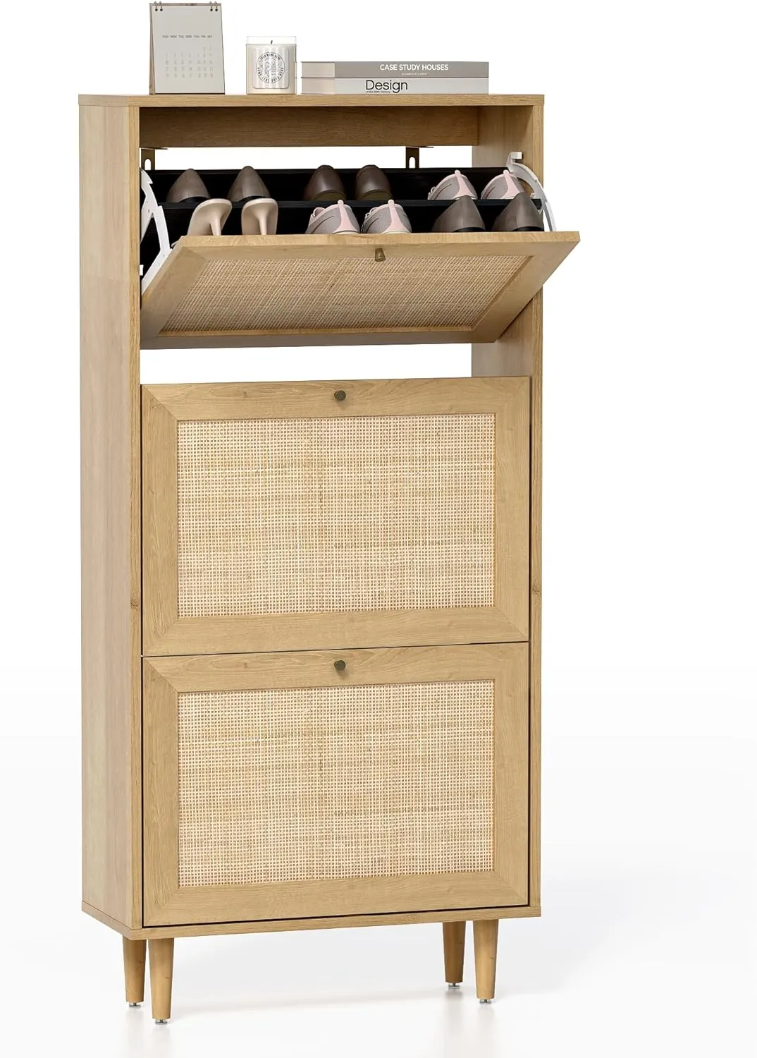 Rattan Shoe Cabinet Narrow Shoe Storage Cabinet with 3 Flip Drawers Hidden Freestanding Shoe Rack Organizer with Wood Legs for Entryway Slim, Hallway, Natural Oak