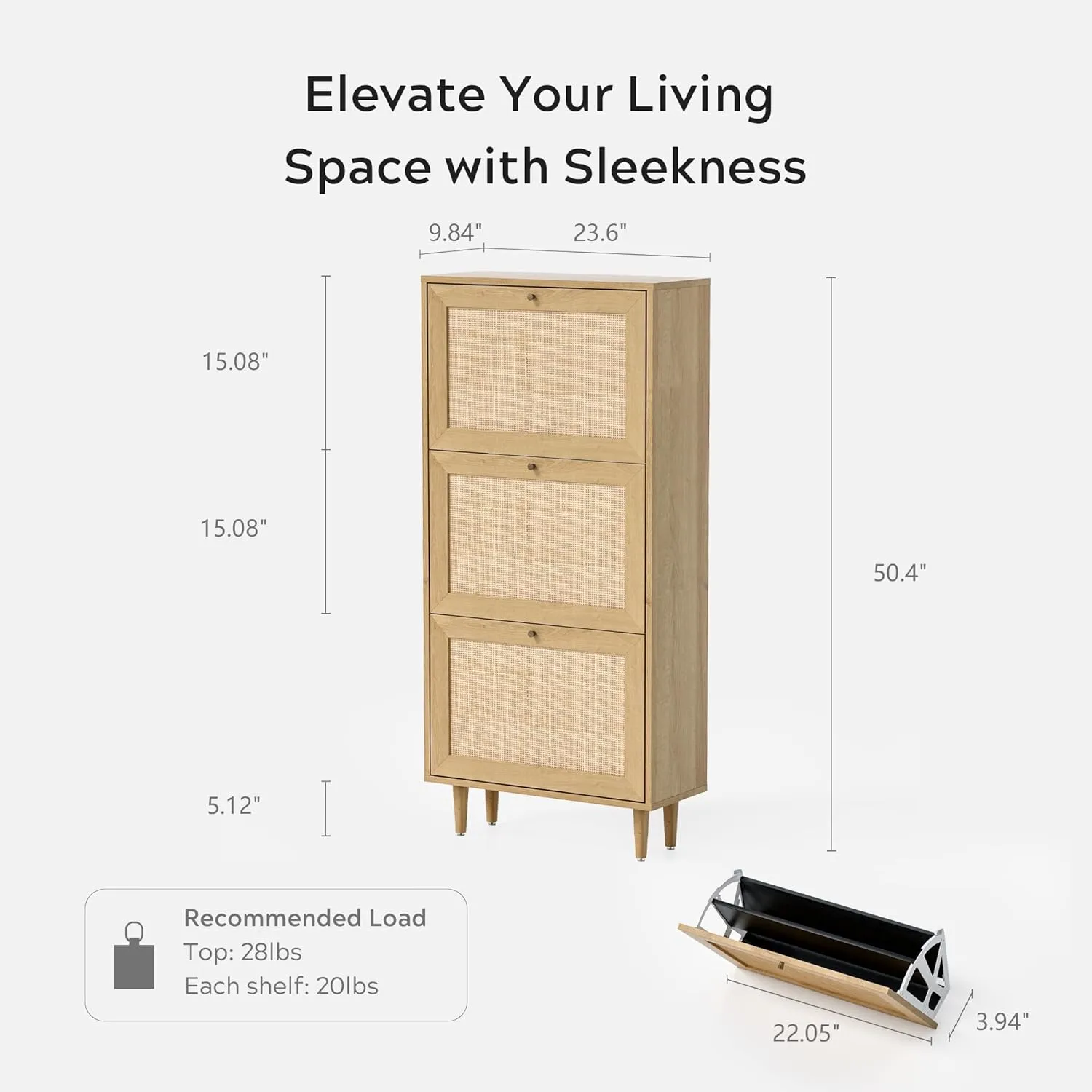 Rattan Shoe Cabinet Narrow Shoe Storage Cabinet with 3 Flip Drawers Hidden Freestanding Shoe Rack Organizer with Wood Legs for Entryway Slim, Hallway, Natural Oak