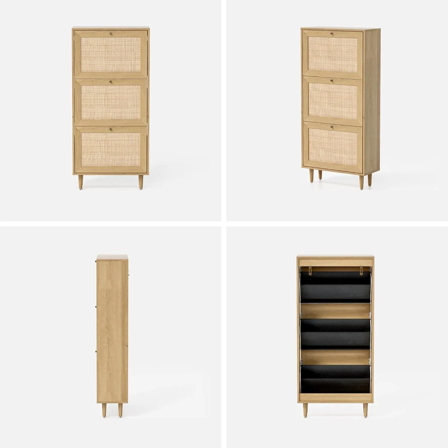Rattan Shoe Cabinet Narrow Shoe Storage Cabinet with 3 Flip Drawers Hidden Freestanding Shoe Rack Organizer with Wood Legs for Entryway Slim, Hallway, Natural Oak