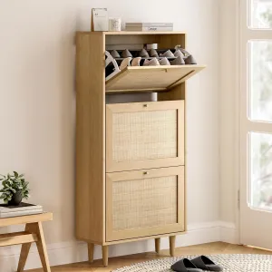 Rattan Shoe Cabinet Narrow Shoe Storage Cabinet with 3 Flip Drawers Hidden Freestanding Shoe Rack Organizer with Wood Legs for Entryway Slim, Hallway, Natural Oak