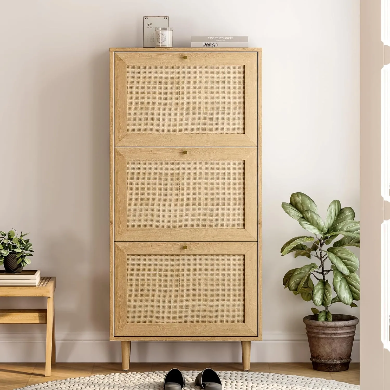 Rattan Shoe Cabinet Narrow Shoe Storage Cabinet with 3 Flip Drawers Hidden Freestanding Shoe Rack Organizer with Wood Legs for Entryway Slim, Hallway, Natural Oak