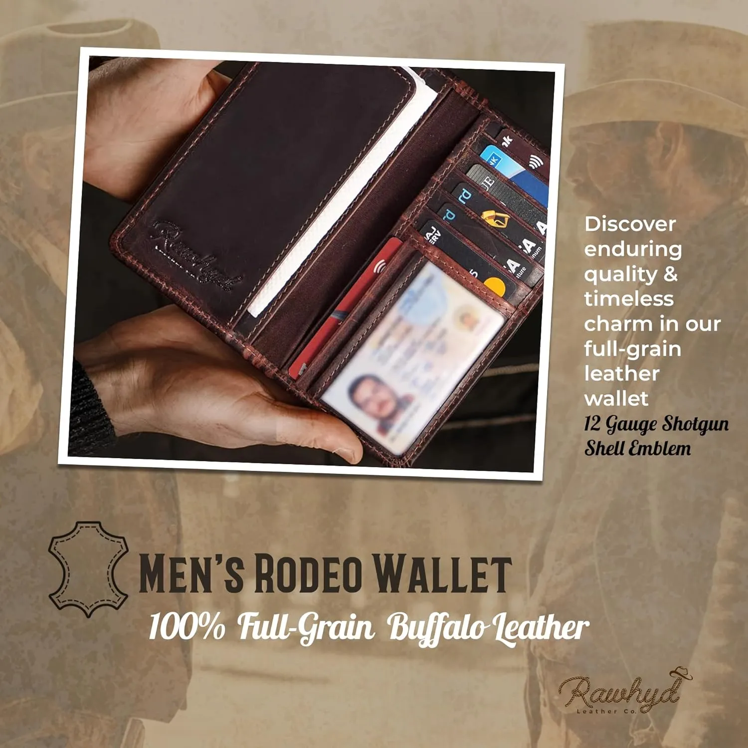 RAW HYD Full-Grain Leather Long Wallet for Men - Classic Bifold Western Wallet for Men - Minimalist Cowboy Wallets for Men - Rodeo wallets for men - Checkbook Cover & Gift for Him