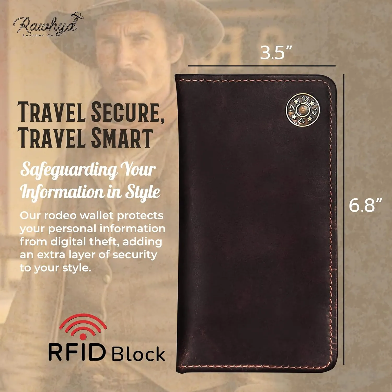 RAW HYD Full-Grain Leather Long Wallet for Men - Classic Bifold Western Wallet for Men - Minimalist Cowboy Wallets for Men - Rodeo wallets for men - Checkbook Cover & Gift for Him