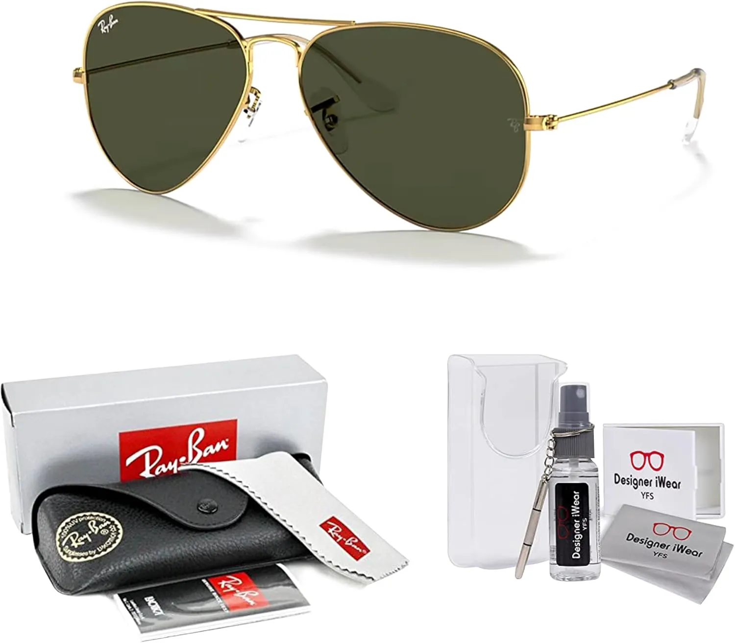 Ray-Ban RB3025 Metal Aviator Sunglasses For Men For Women   BUNDLE with Designer iWear Eyewear Care Kit