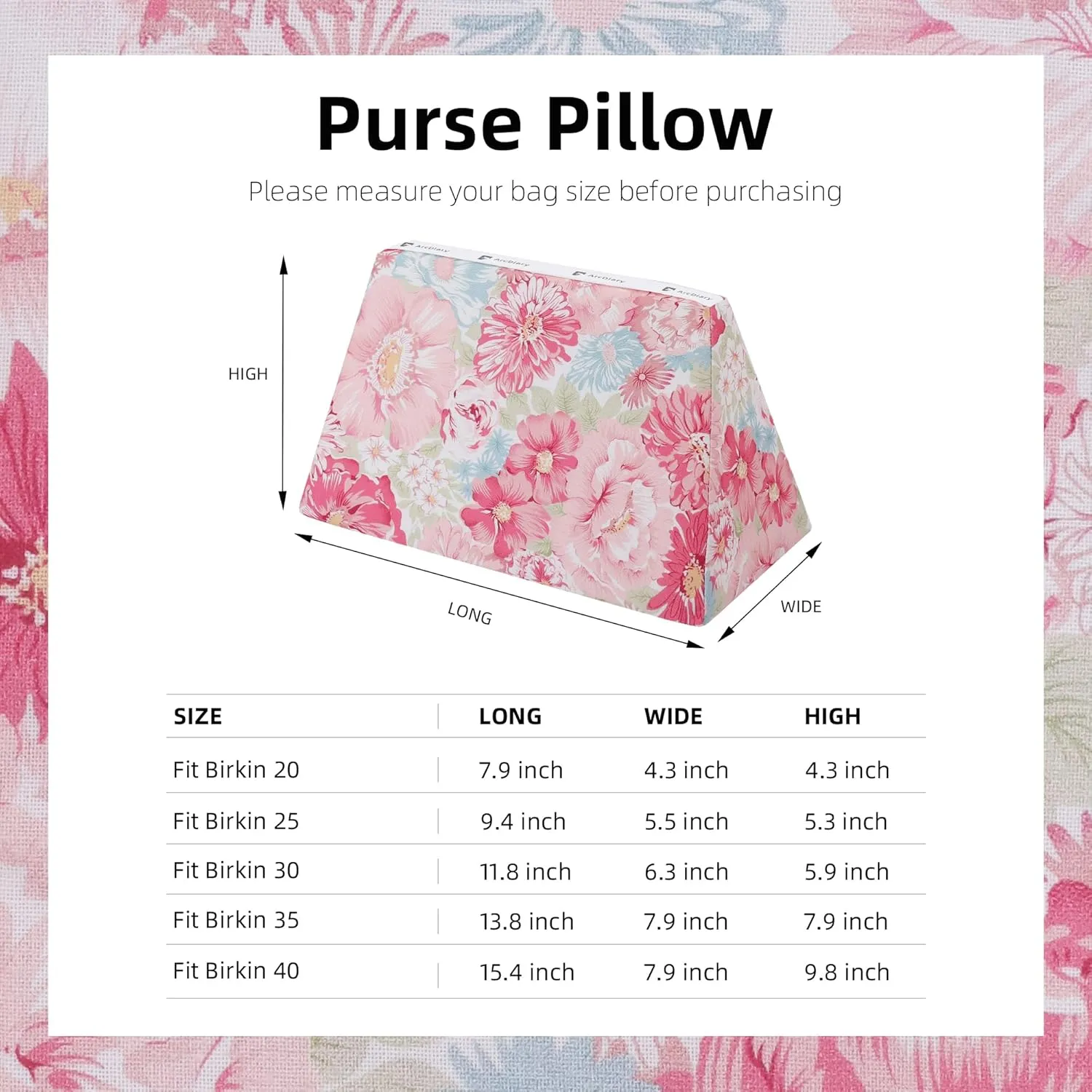 Rayon Purse Pillow Shaper Insert, unique pattern handbag shapers, Memory Foam, for Birkin 25/30/35/40 bags(BK30,Blooming)