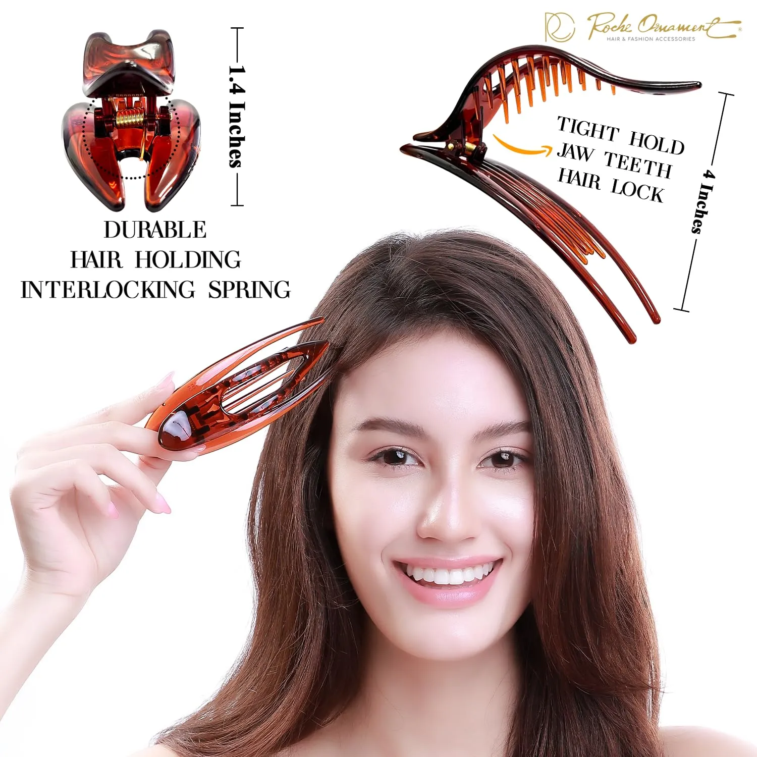 RC ROCHE ORNAMENT 6 Pcs French Concord Hair Clip Curved Thick or Thin Hair for Women No Slip Strong Grip Hold Side Slide Volume Claws Lay Down Clips Hair Bun Updo Clamp, Large Brown