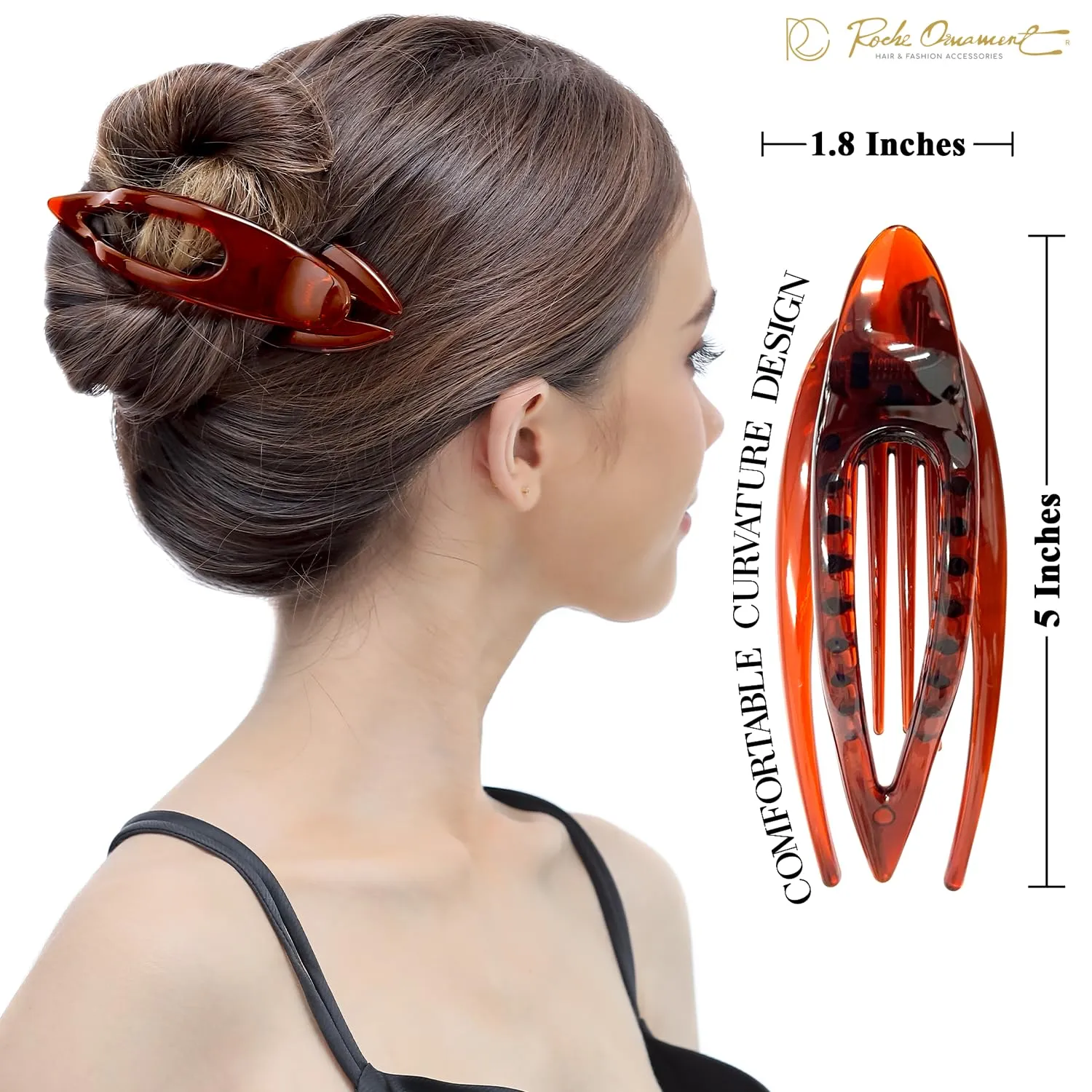 RC ROCHE ORNAMENT 6 Pcs French Concord Hair Clip Curved Thick or Thin Hair for Women No Slip Strong Grip Hold Side Slide Volume Claws Lay Down Clips Hair Bun Updo Clamp, Large Brown