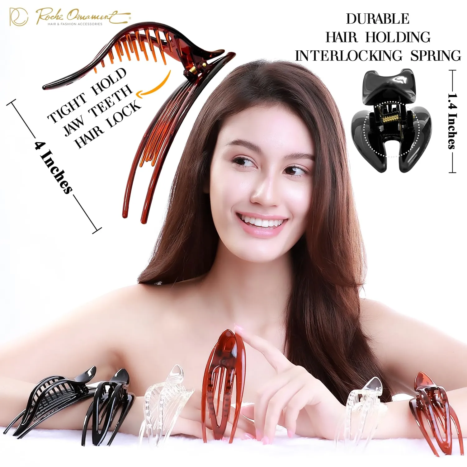 RC ROCHE ORNAMENT 6 Pcs French Concord Hair Clip Curved Thick or Thin Hair for Women No Slip Strong Grip Hold Side Slide Volume Claws Lay Down Clips Hair Bun Updo Clamp, Large Clear Brown and Black