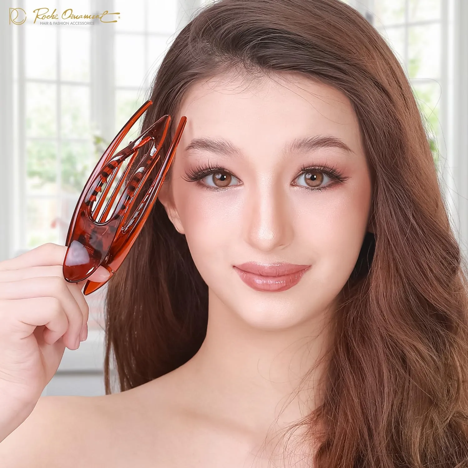 RC ROCHE ORNAMENT 6 Pcs French Concord Hair Clip Curved Thick or Thin Hair for Women No Slip Strong Grip Hold Side Slide Volume Claws Lay Down Clips Hair Bun Updo Clamp, Large Clear Brown and Black