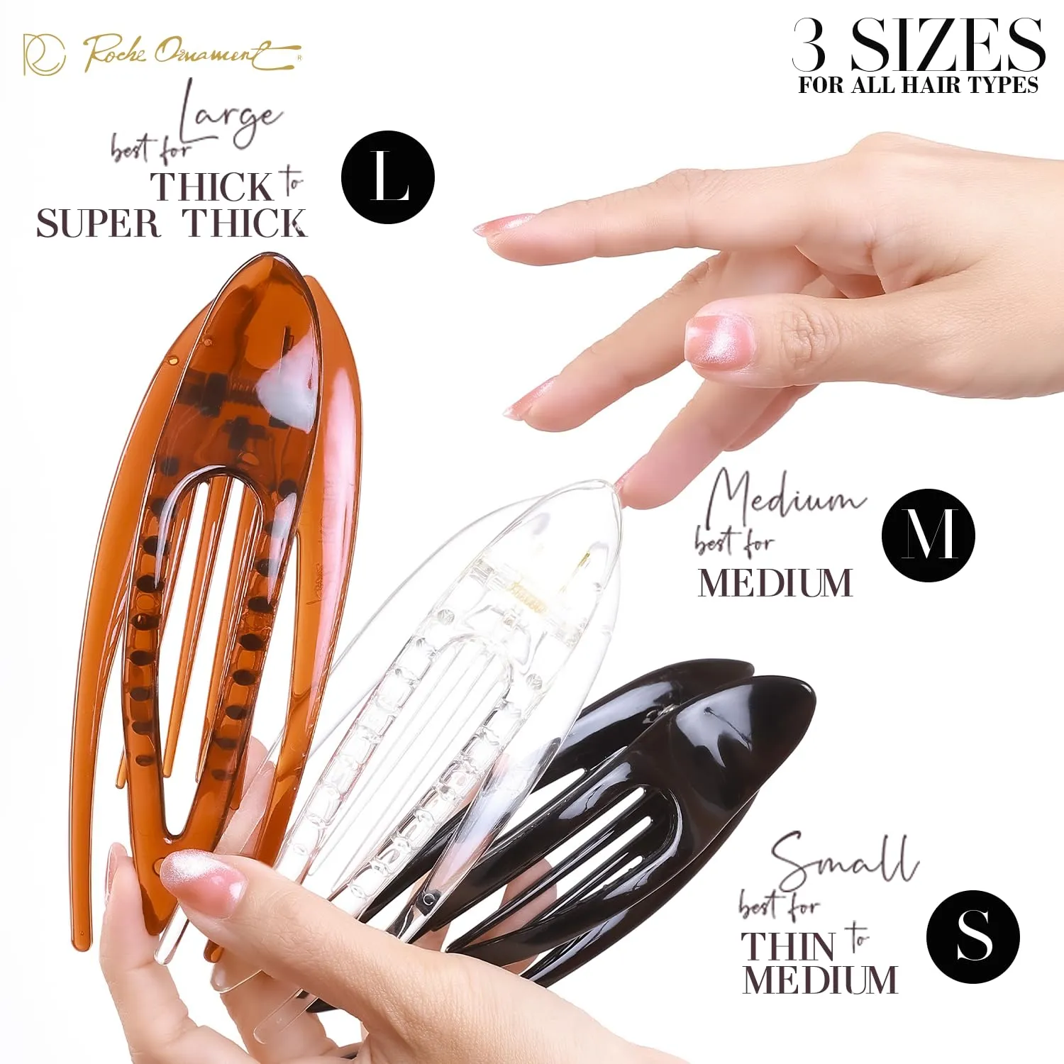 RC ROCHE ORNAMENT 6 Pcs French Concord Hair Clip Curved Thick or Thin Hair for Women No Slip Strong Grip Hold Side Slide Volume Claws Lay Down Clips Hair Bun Updo Clamp, Large Clear Brown and Black