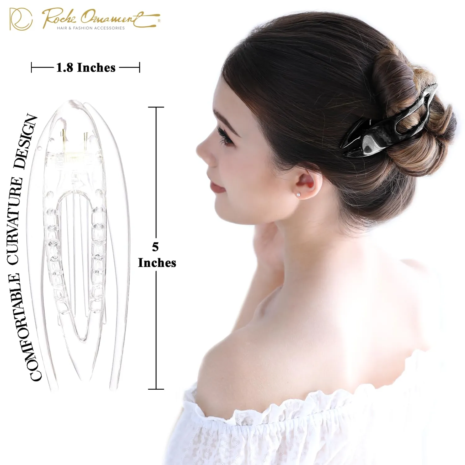 RC ROCHE ORNAMENT 6 Pcs French Concord Hair Clip Curved Thick or Thin Hair for Women No Slip Strong Grip Hold Side Slide Volume Claws Lay Down Clips Hair Bun Updo Clamp, Large Clear Brown and Black