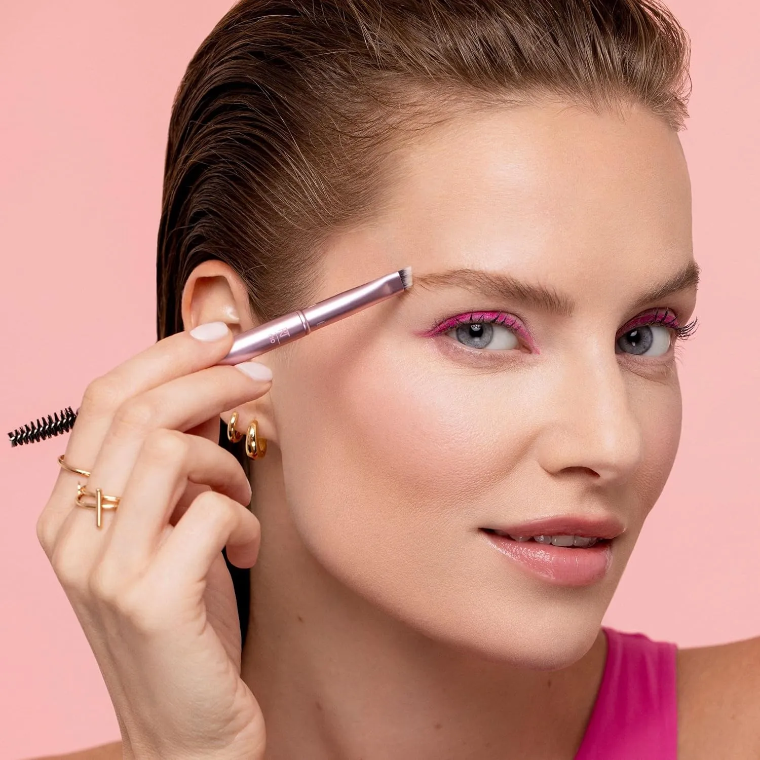 Real Techniques Double Time Brush   Lash 4 Piece Set, Dual-Ended Eye Makeup Brushes For Eyeshadow & Brows, Travel-Friendly Brush Caps For Storage, Eyelash Curler Included, Cruelty-Free