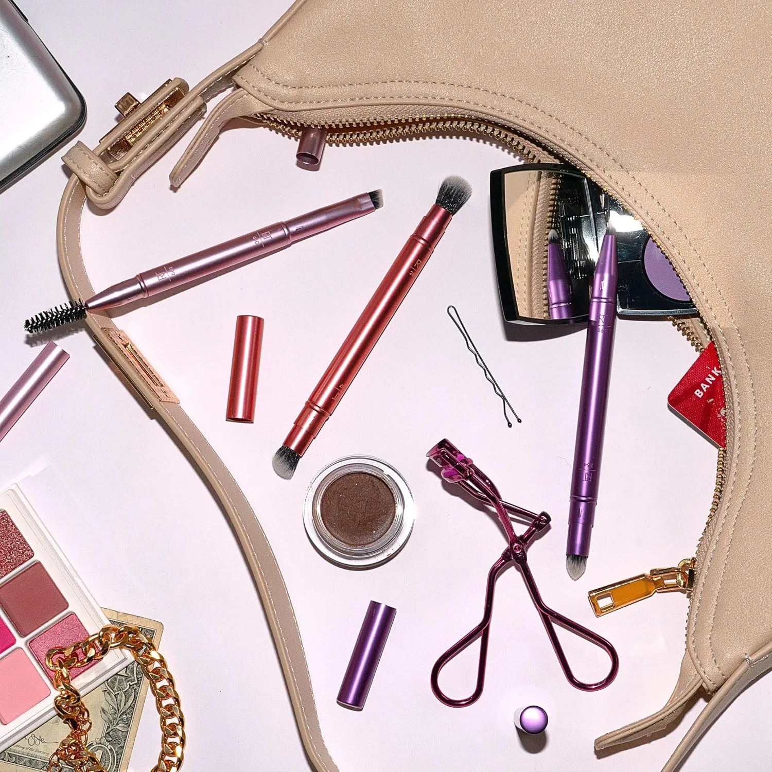 Real Techniques Double Time Brush   Lash 4 Piece Set, Dual-Ended Eye Makeup Brushes For Eyeshadow & Brows, Travel-Friendly Brush Caps For Storage, Eyelash Curler Included, Cruelty-Free