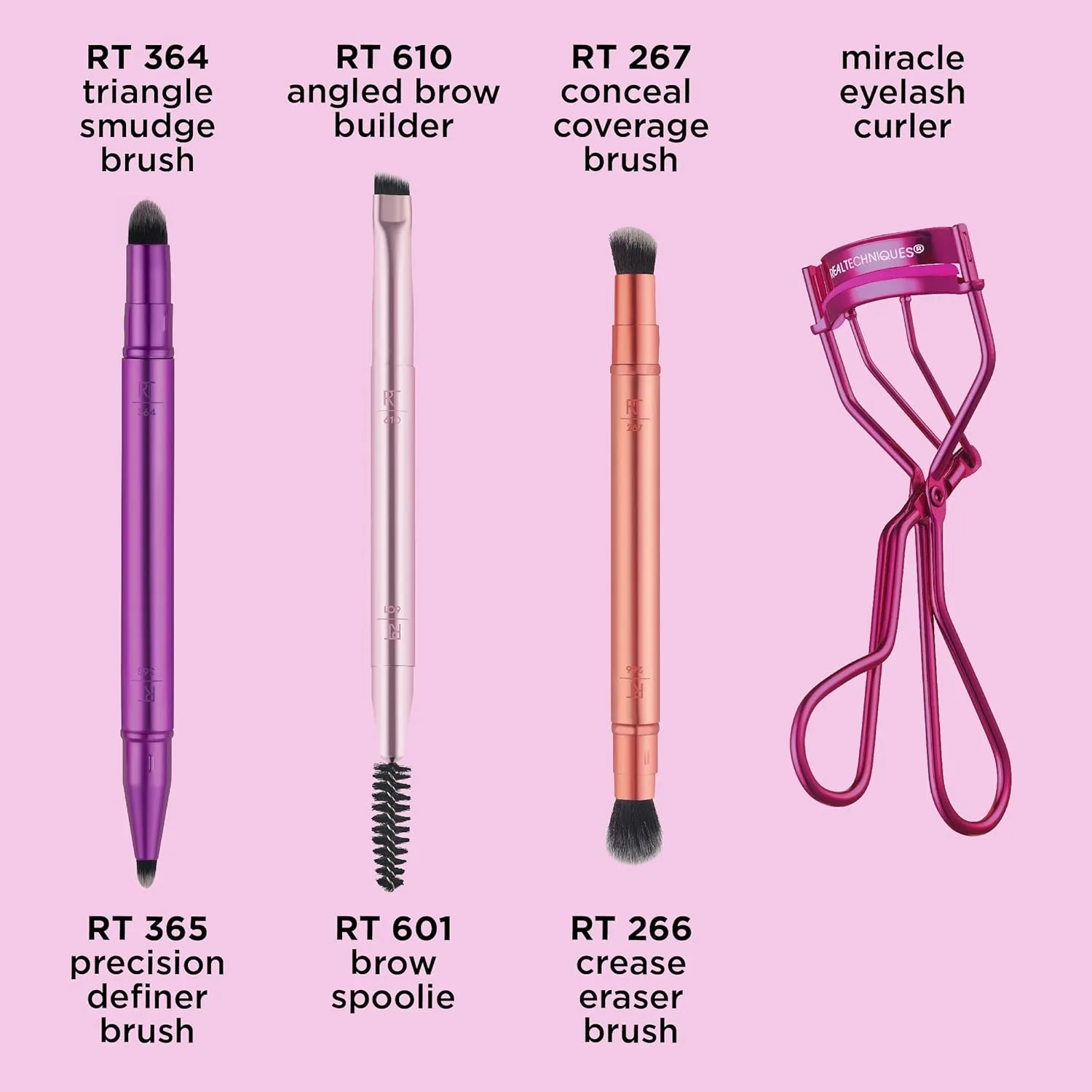 Real Techniques Double Time Brush   Lash 4 Piece Set, Dual-Ended Eye Makeup Brushes For Eyeshadow & Brows, Travel-Friendly Brush Caps For Storage, Eyelash Curler Included, Cruelty-Free