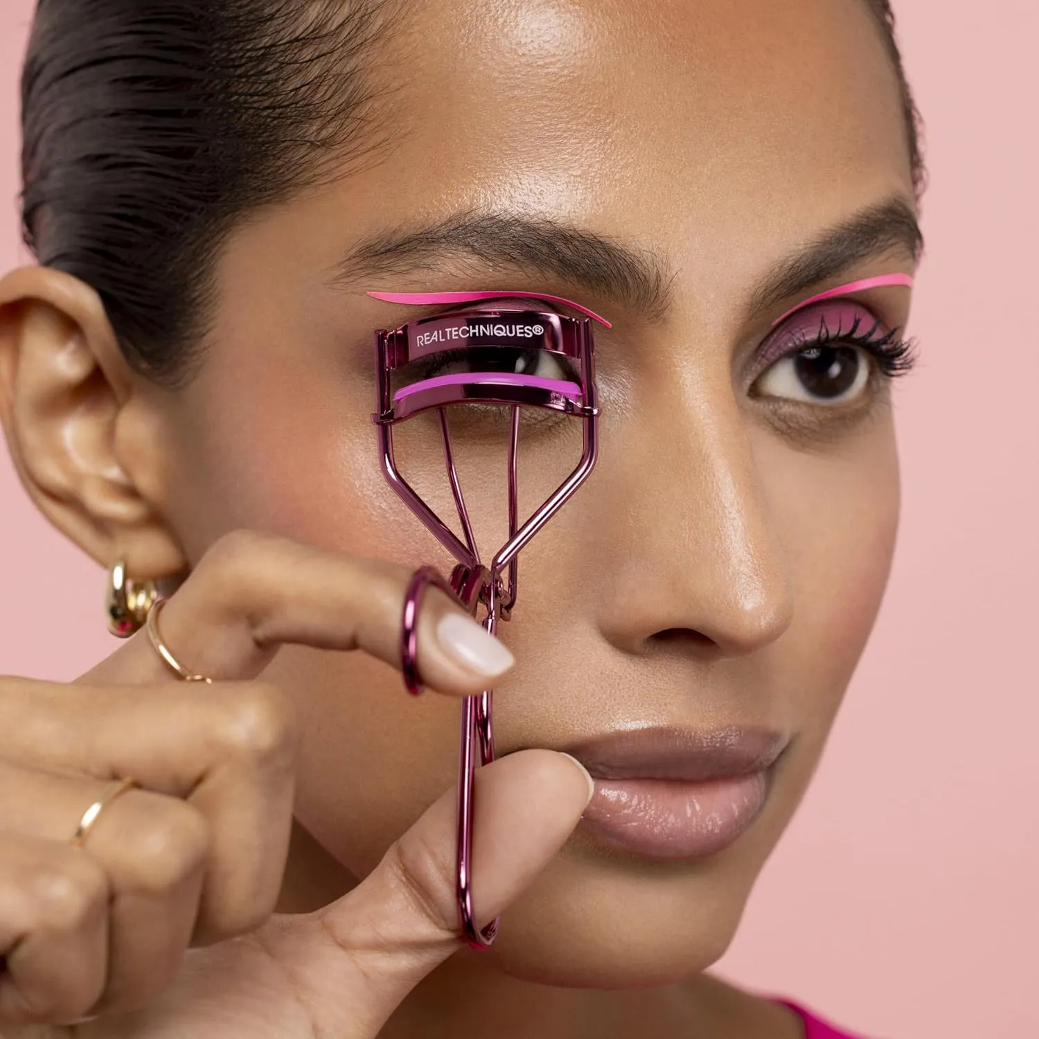 Real Techniques Double Time Brush   Lash 4 Piece Set, Dual-Ended Eye Makeup Brushes For Eyeshadow & Brows, Travel-Friendly Brush Caps For Storage, Eyelash Curler Included, Cruelty-Free