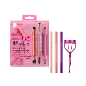 Real Techniques Double Time Brush   Lash 4 Piece Set, Dual-Ended Eye Makeup Brushes For Eyeshadow & Brows, Travel-Friendly Brush Caps For Storage, Eyelash Curler Included, Cruelty-Free