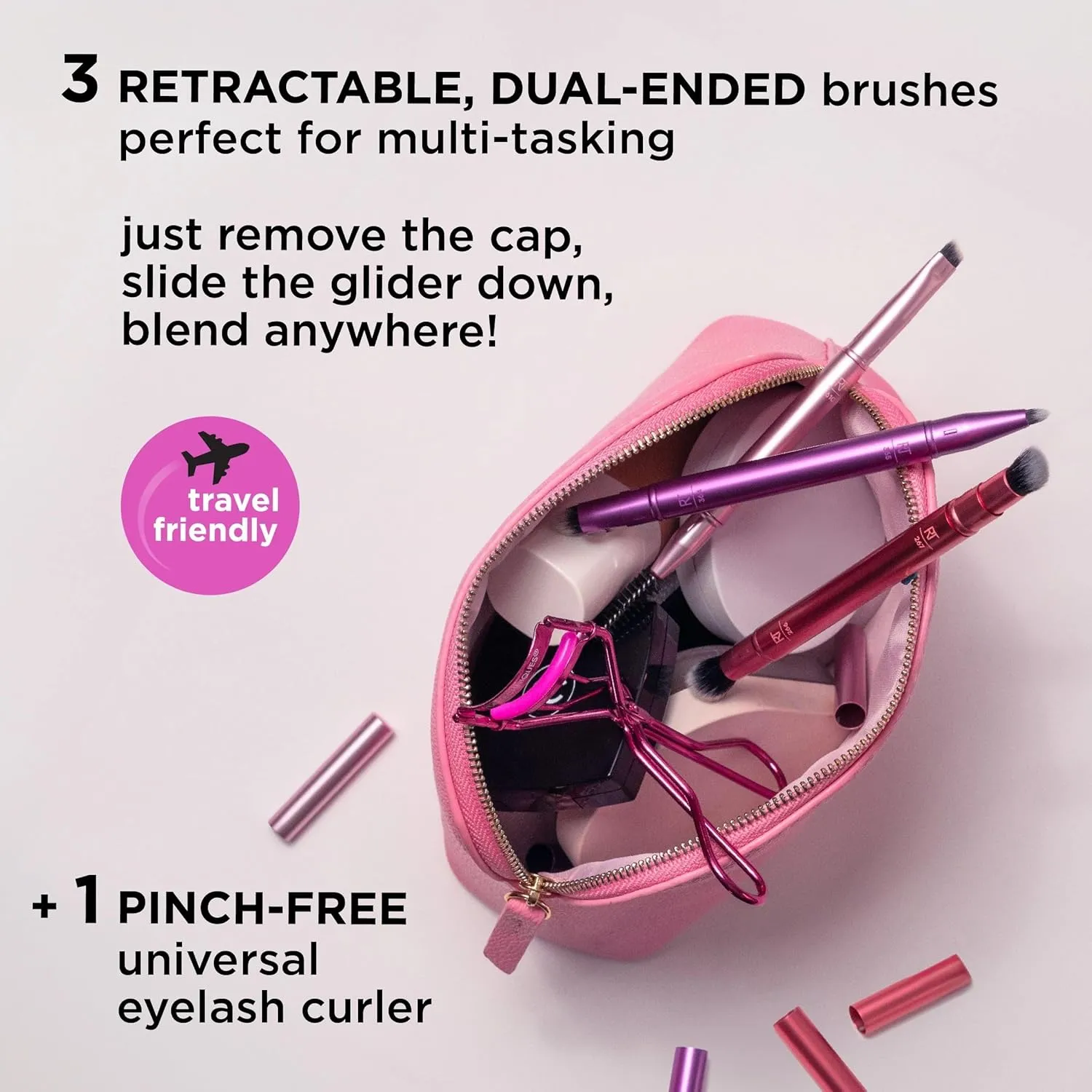 Real Techniques Double Time Brush   Lash 4 Piece Set, Dual-Ended Eye Makeup Brushes For Eyeshadow & Brows, Travel-Friendly Brush Caps For Storage, Eyelash Curler Included, Cruelty-Free