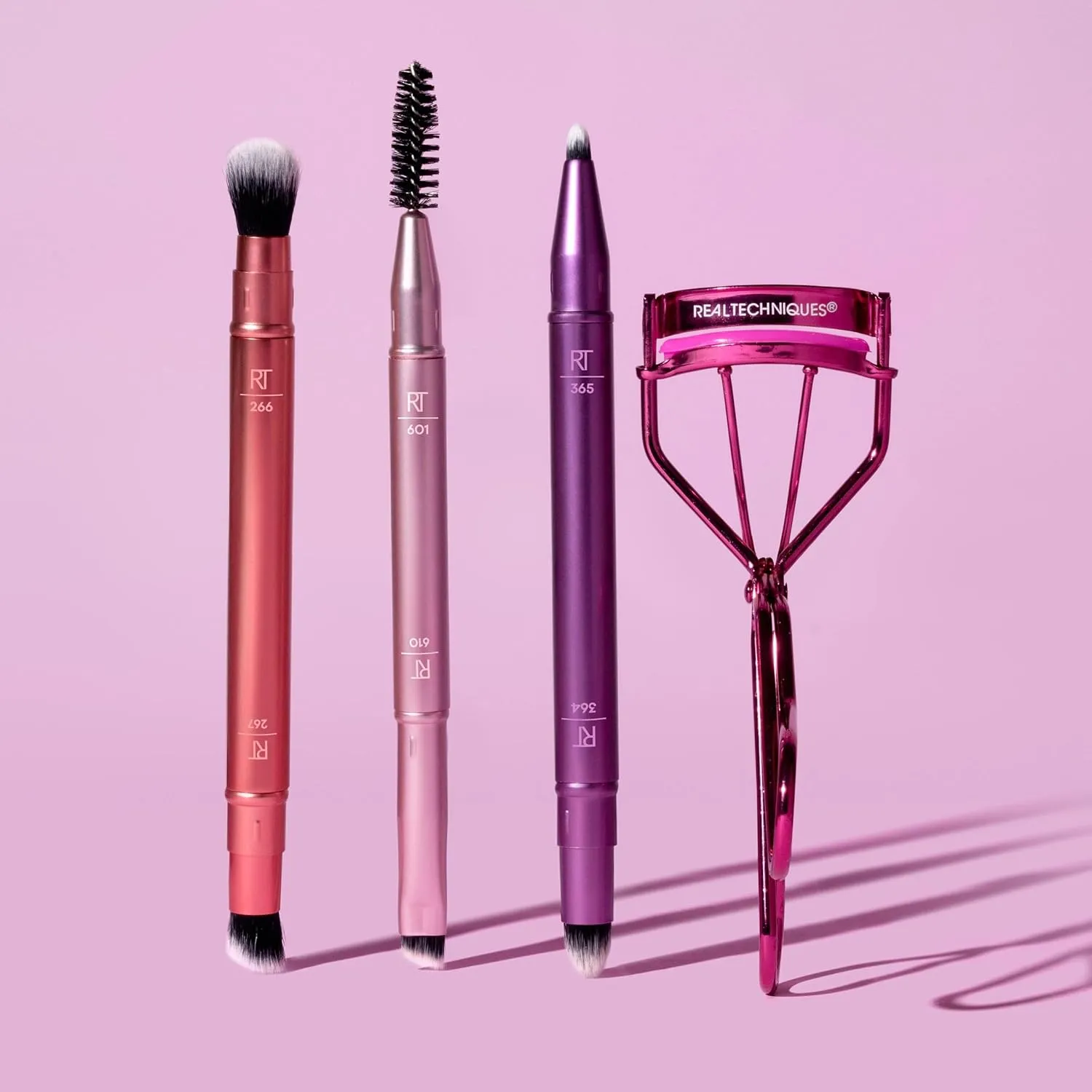 Real Techniques Double Time Brush   Lash 4 Piece Set, Dual-Ended Eye Makeup Brushes For Eyeshadow & Brows, Travel-Friendly Brush Caps For Storage, Eyelash Curler Included, Cruelty-Free